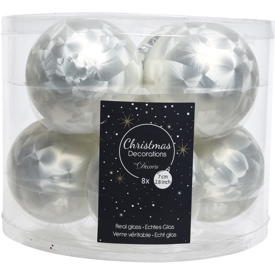Set 8 globuri Craciun Decoris, sticla, 7 cm, design pana, alb