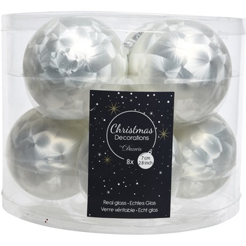 Set 8 globuri Craciun Decoris, sticla, 7 cm, design pana, alb Set 8 globuri Craciun Decoris, sticla, 7 cm, design pana, alb