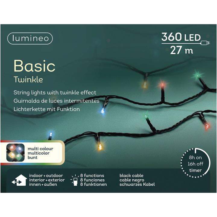 Instalatie luminoasa 360 LED Basic Lumineo, 2700 cm, lumina multicolor, cablu negru, protectie IP44, utilizare interior/exterior
