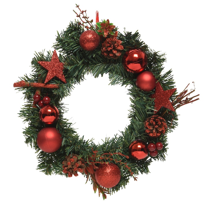 Karácsonyi koszorú gömbökkel díszítve, 30x8 cm, zöld/piros