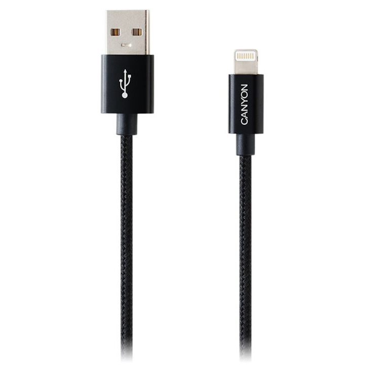 Кабел Canyon Lightning USB Cable for Apple, Braided, Metal Housing, 1 метър, черен, CNE-CFI3B