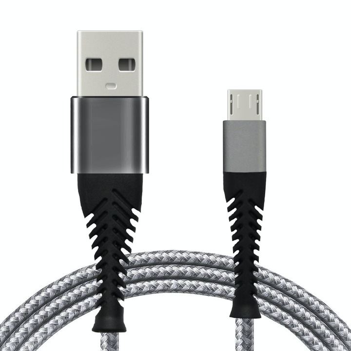 EVTrend Premium, Töltő- és adatátviteli kábel, 2 m hosszú, USB - Micro USB, gyors töltés, adatátvitel, Android telefonhoz vagy táblagéphez vagy laptophoz, USB csatlakozó, Micro USB csatlakozó, GRI, szürke