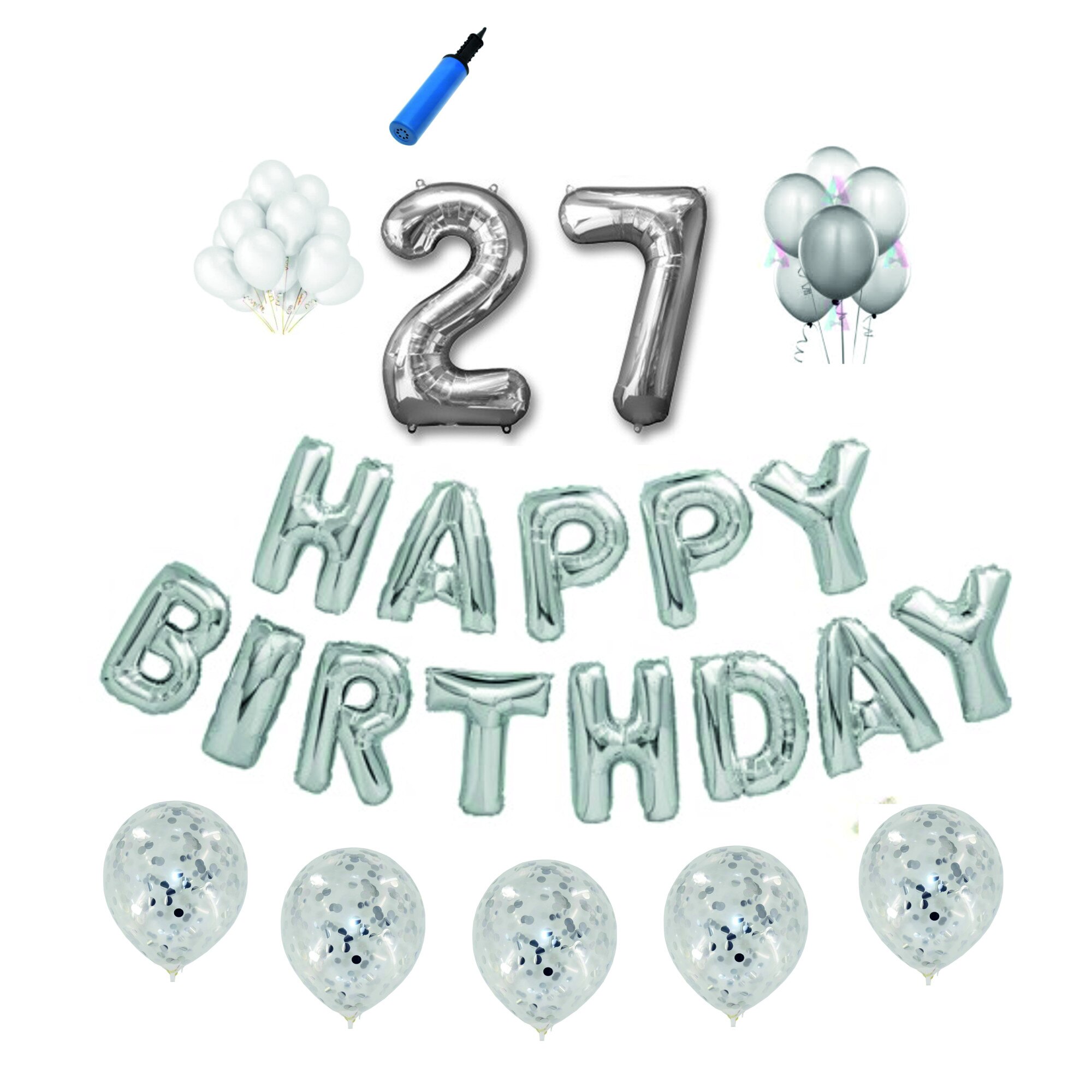 Set baloane Happy Birthday , pentru 27 ani, cifra 1 metru, Argintiu