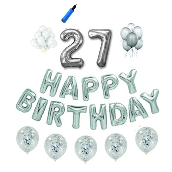 Set baloane Happy Birthday , pentru 27 ani, cifra 1 metru, Argintiu Set baloane Happy Birthday , pentru 27 ani, cifra 1 metru, Argintiu