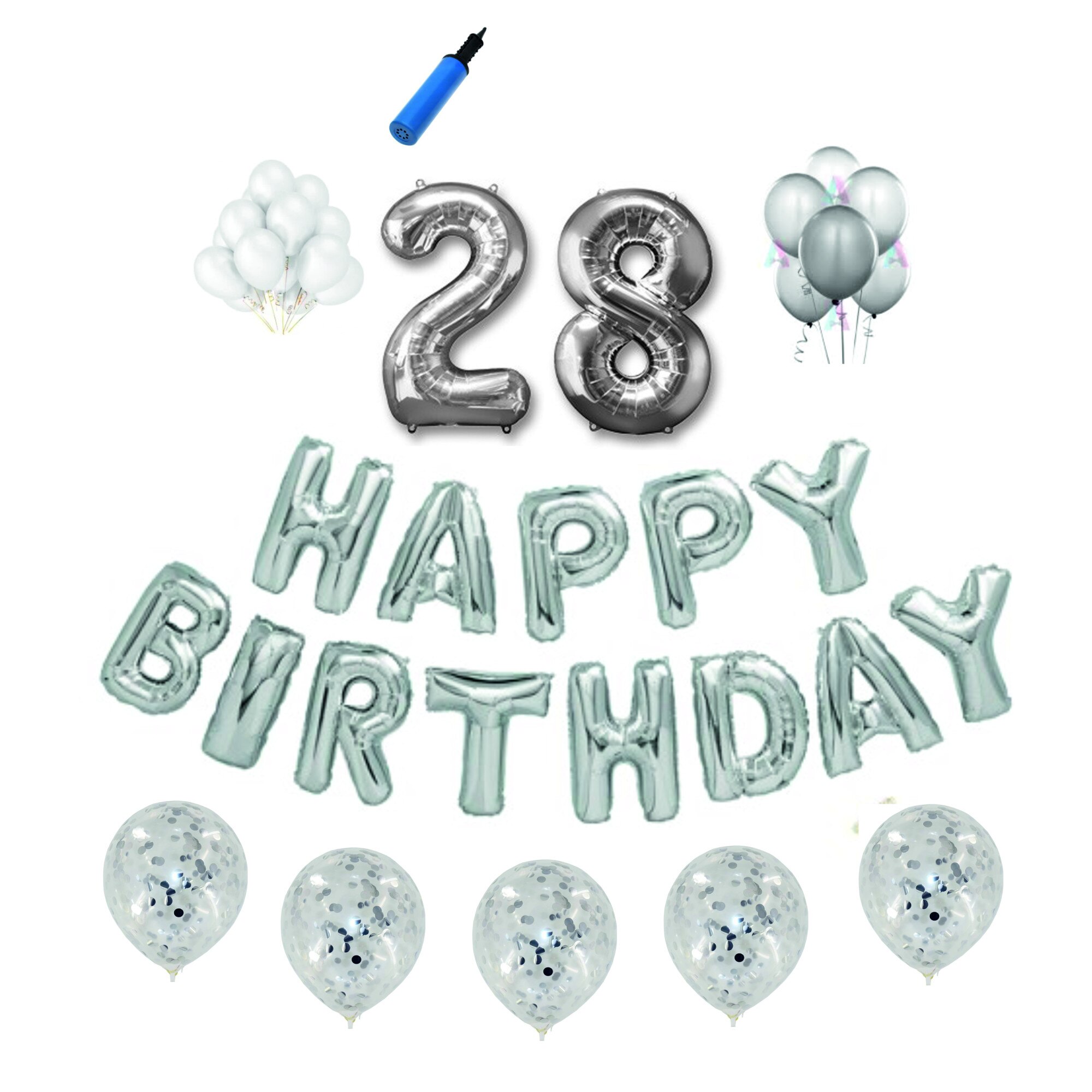 Set baloane Happy Birthday , pentru 28 ani, cifra 1 metru, Argintiu