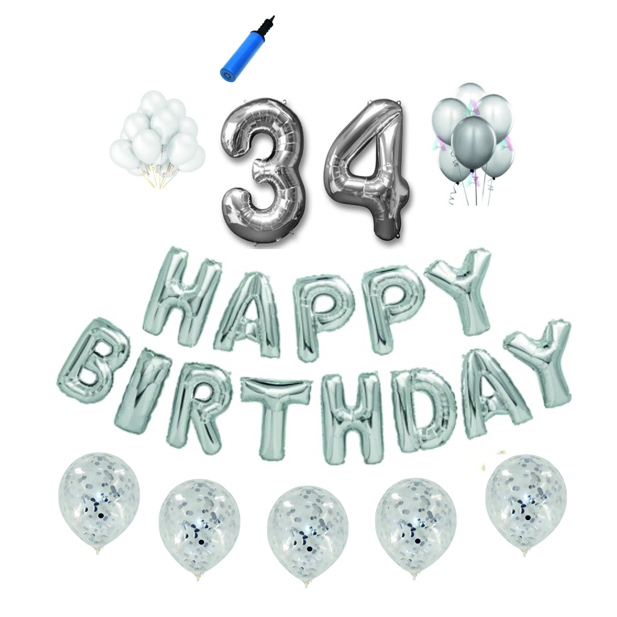 Set baloane Happy Birthday , pentru 34 ani, cifra 1 metru, Argintiu