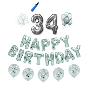 Set baloane Happy Birthday , pentru 34 ani, cifra 1 metru, Argintiu Set baloane Happy Birthday , pentru 34 ani, cifra 1 metru, Argintiu