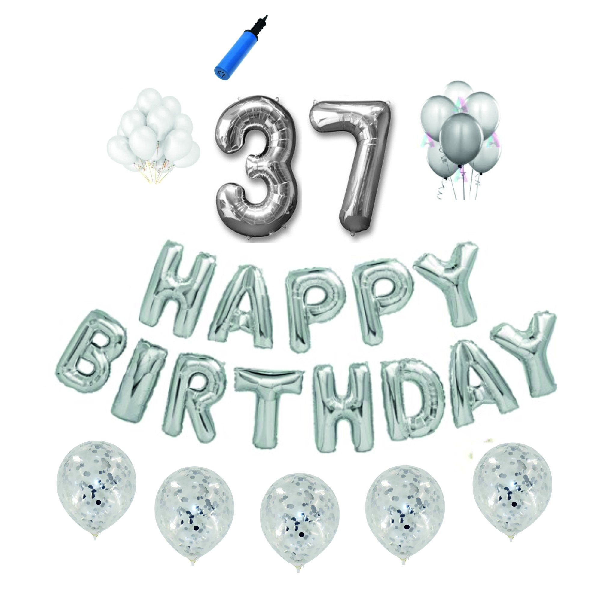 Set baloane Happy Birthday , pentru 37 ani, cifra 1 metru,Argintiu
