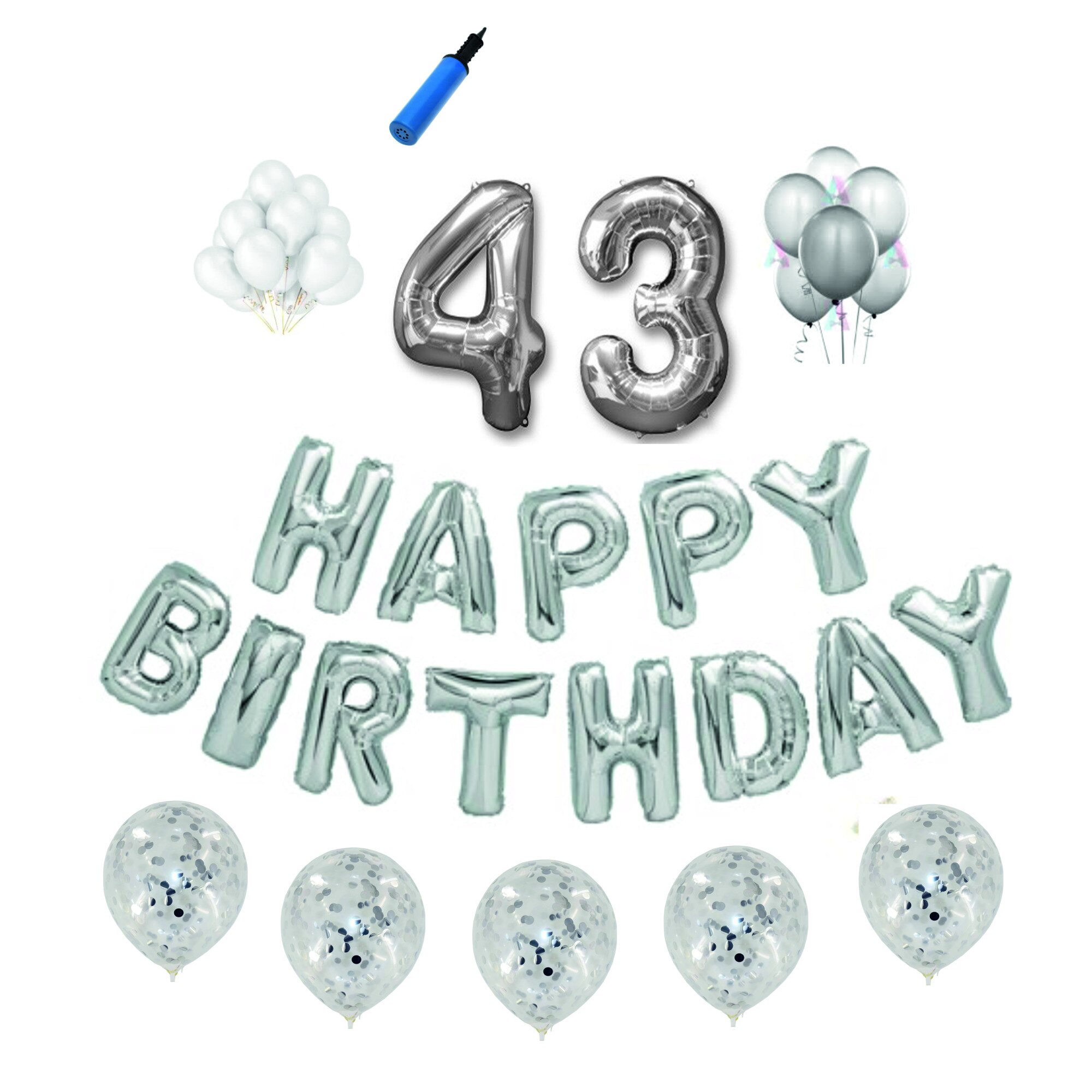 Set baloane Happy Birthday , pentru 43 ani, cifra 1 metru,Argintiu