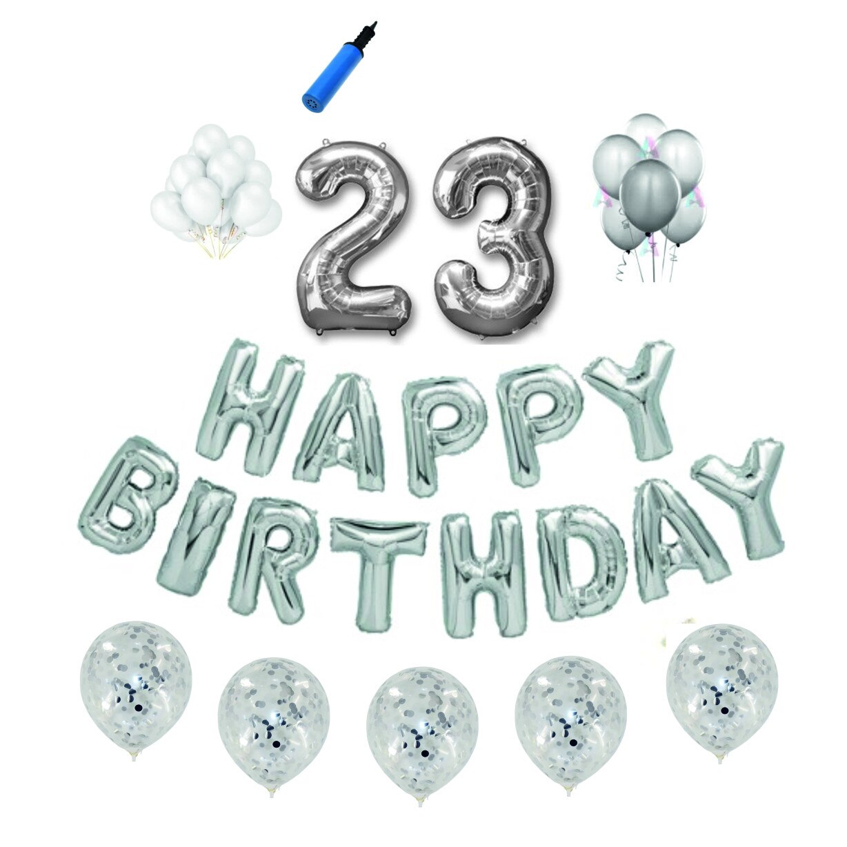 Set baloane Happy Birthday , pentru 23 ani, cifra 1 metru, Argintiu