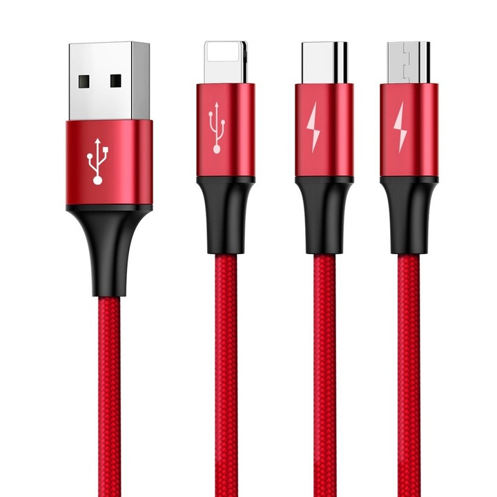USB кабел HOPE R, с Micro-USB, USB-C, Lightning, 3A, 1.2M, Червен