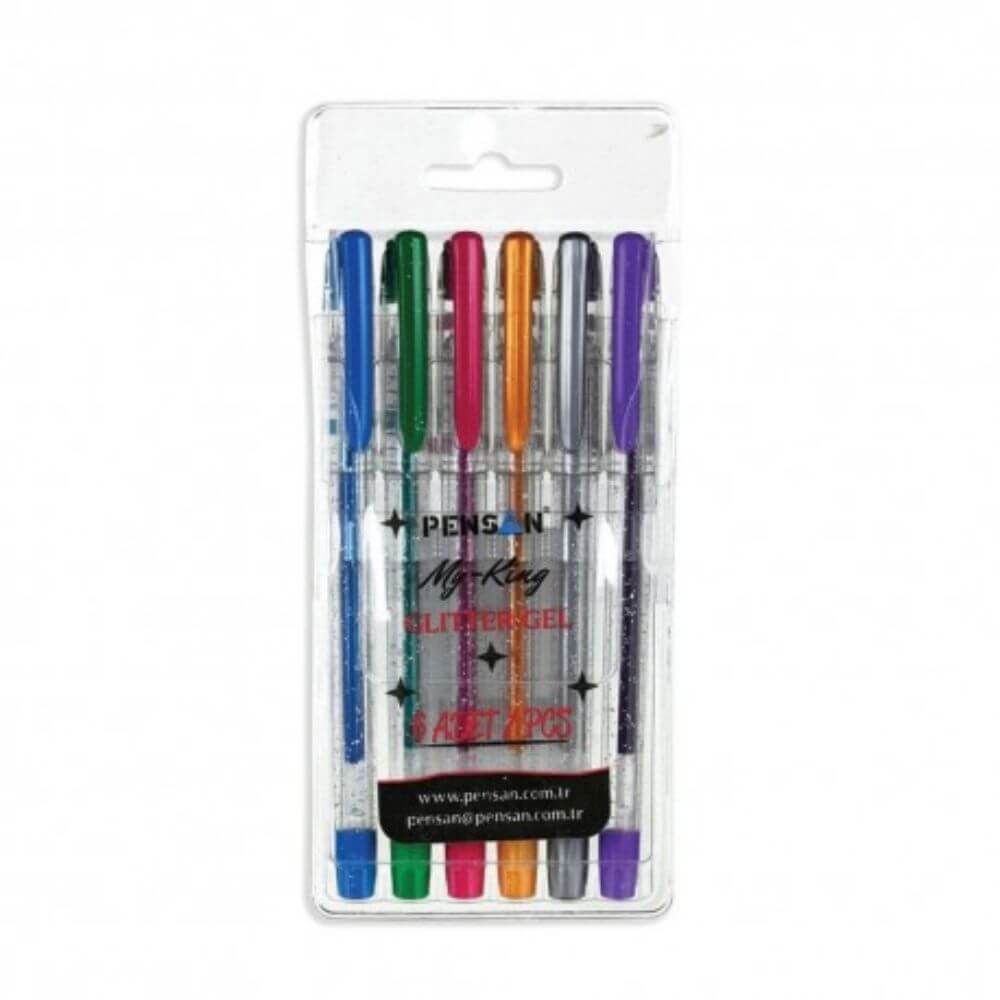 Set 6 Pixuri cu Gel PENSAN My King Glitter, Mine Diverse Culori cu Sclipici, Varf 1 mm, Corp din Plastic Transparent