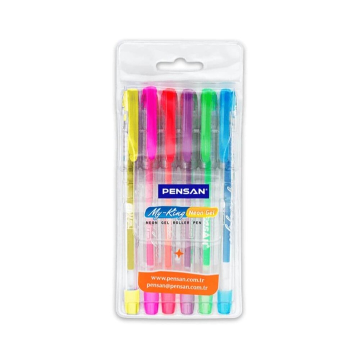 Комплект от 6 неонови гел химикалки PENSAN My King, различни цветни химикалки с неоново мастило, връх 0,8 мм, прозрачно пластмасово тяло