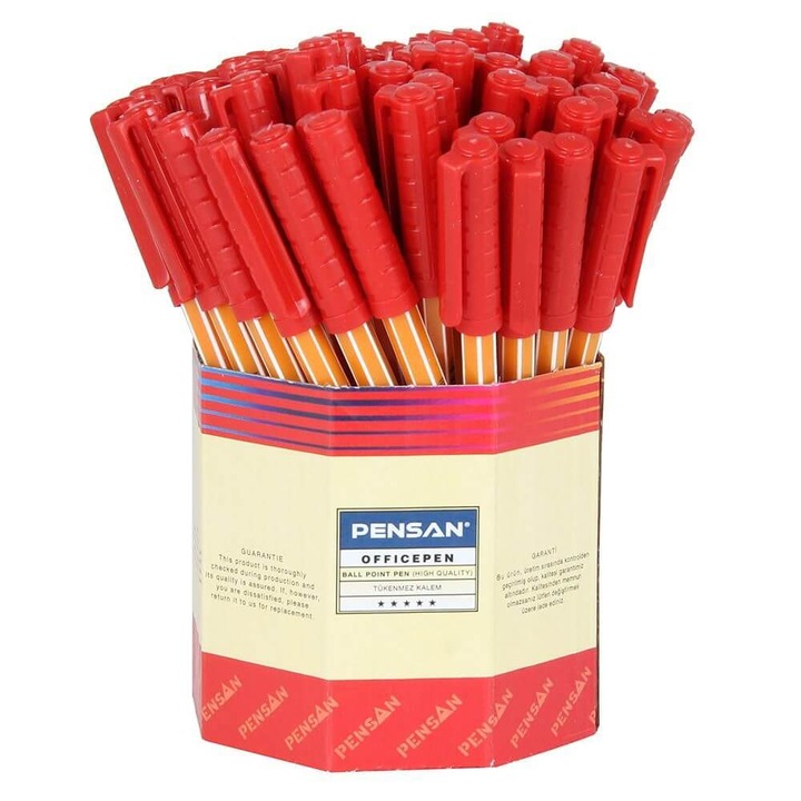 Комплект химикалки PENSAN OFISPEN, накрайник 1 mm, 60 части, червен, пластмасов корпус с капачка