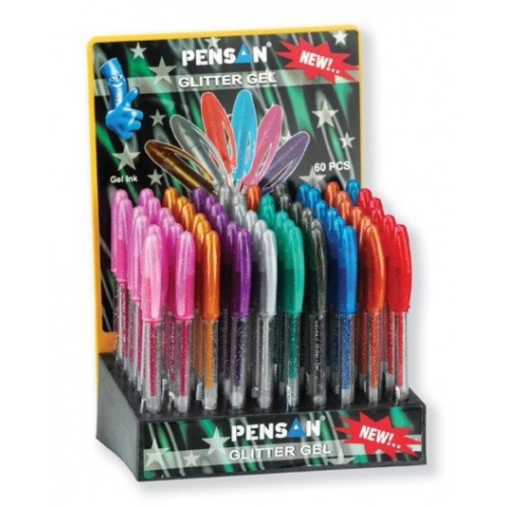 Set de 60 de Pixuri cu Gel PENSAN Glitter, Mine Diferite Culori cu Sclipici, Grosime Varf 1 mm, Corp din Plastic Transparent