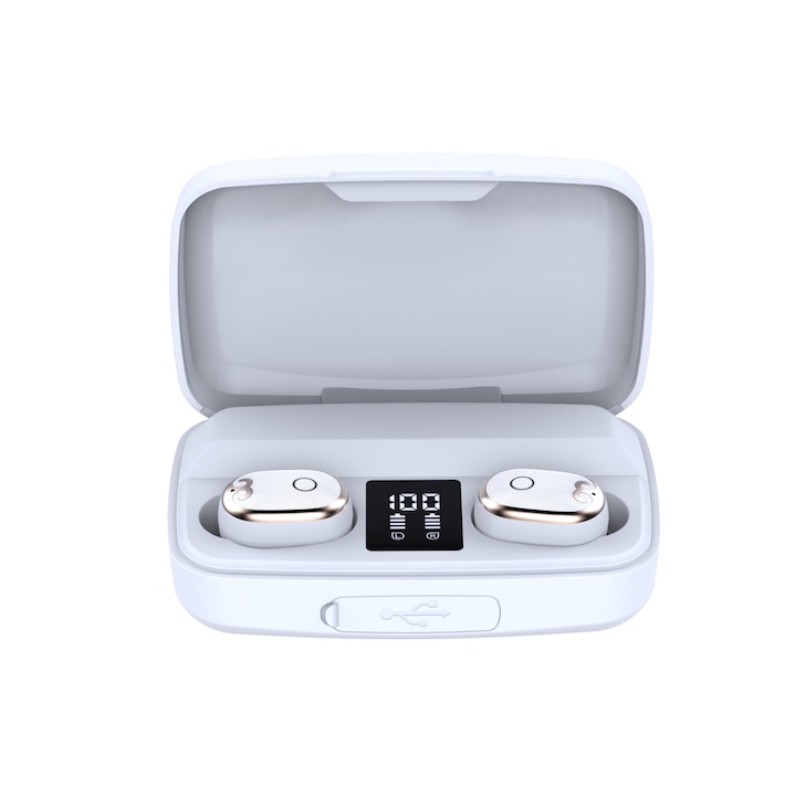 Techstar® TWS S17X vezeték nélküli fülhallgató, Bluetooth V5.0, HD Audio, IPX4, iOS, Android, 1500 mAh, fehér