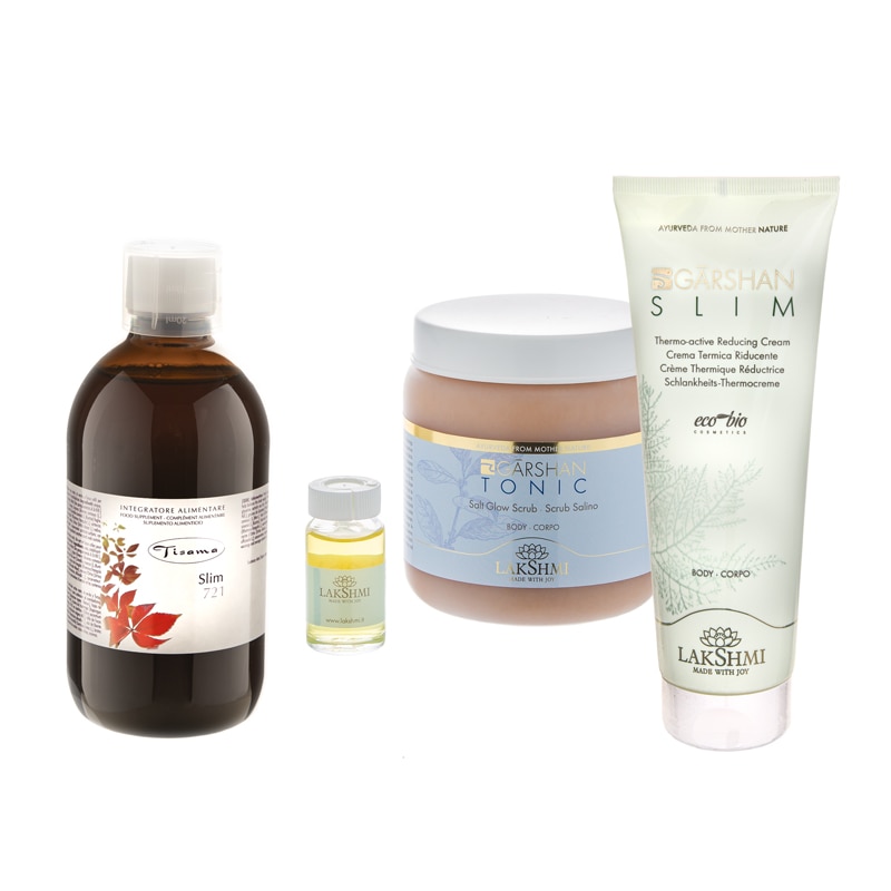 Set 4 produse anticelulitice pentru celulita dura 1310ml, Lakshmi, crema, scrub corporal, extract de plante si fiole