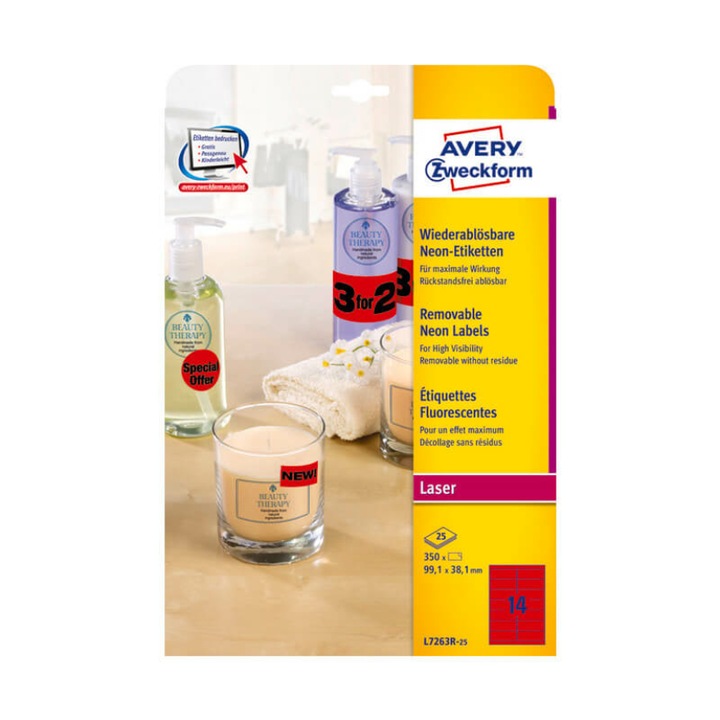 99,1*38,1 mm-es Avery Zweckform A4 íves etikett címke, neon piros színű (25 ív/doboz)