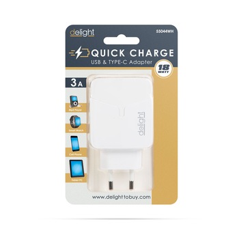 Incarcator retea USB + Type-C, Delight, Alb Incarcator retea USB + Type-C, Delight, Alb