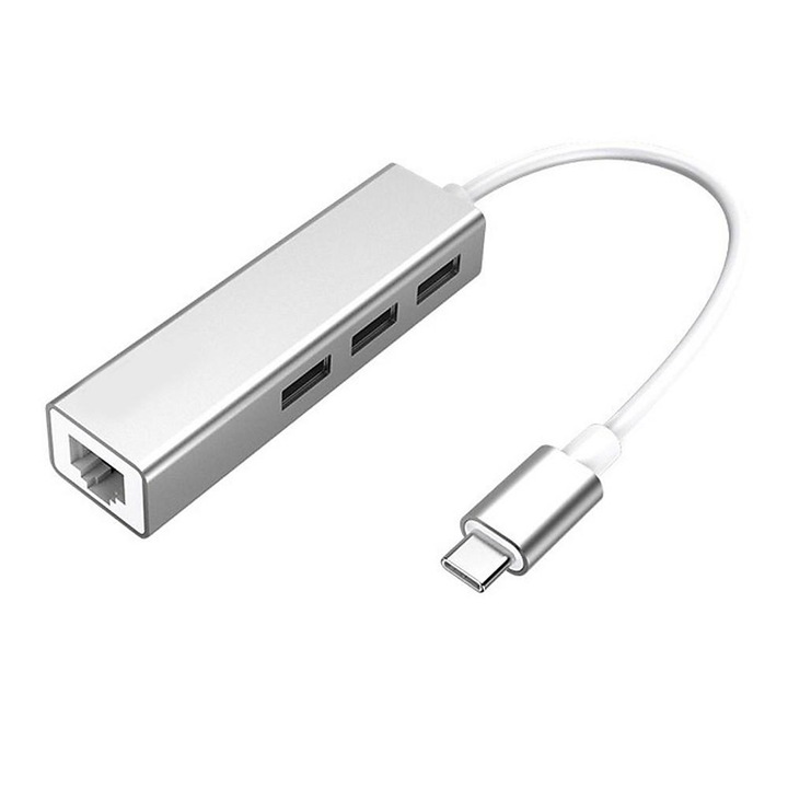 Adaptor Metalic Type C Laptop MTP 4 in 1 la RJ45, 3* USB 3.0