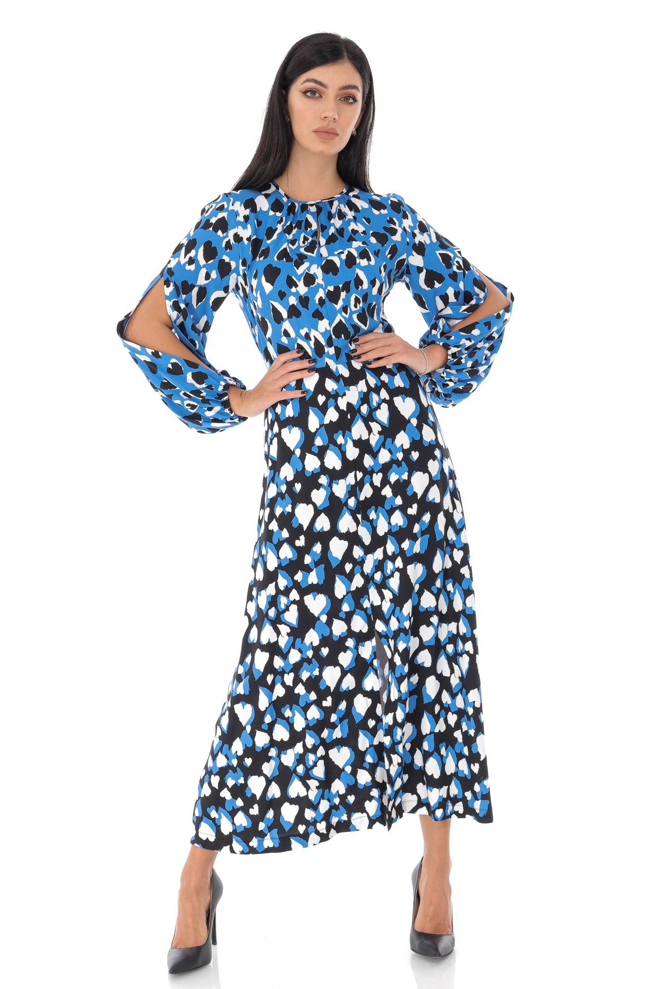 Rochie midi, cu imprimeu inimi - ROH - DR4067, Albastru