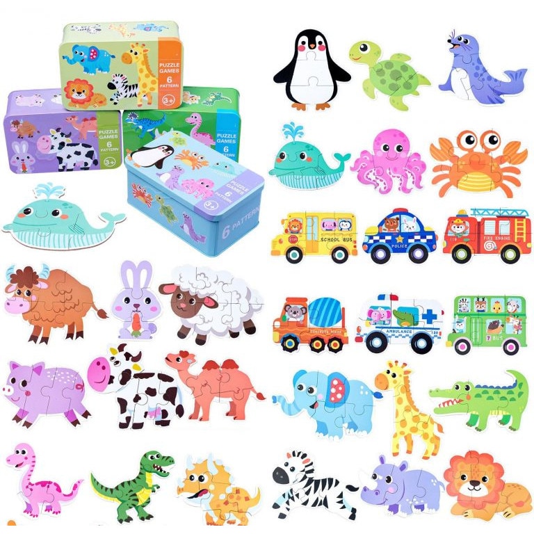 Set 5 Puzzle in cutiuta metalica, cu 5 tematici - Krista®