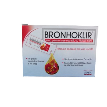 Sirop pentru Tuse Uscata, Bronhoklir, pentru Calmarea Tusei si Amelioararea Iritatiei Cailor Respiratorii, 15 plicuri x 5ml sirop Sirop pentru Tuse Uscata, Bronhoklir, pentru Calmarea Tusei si Amelioararea Iritatiei Cailor Respiratorii, 15 plicuri x 5ml sirop