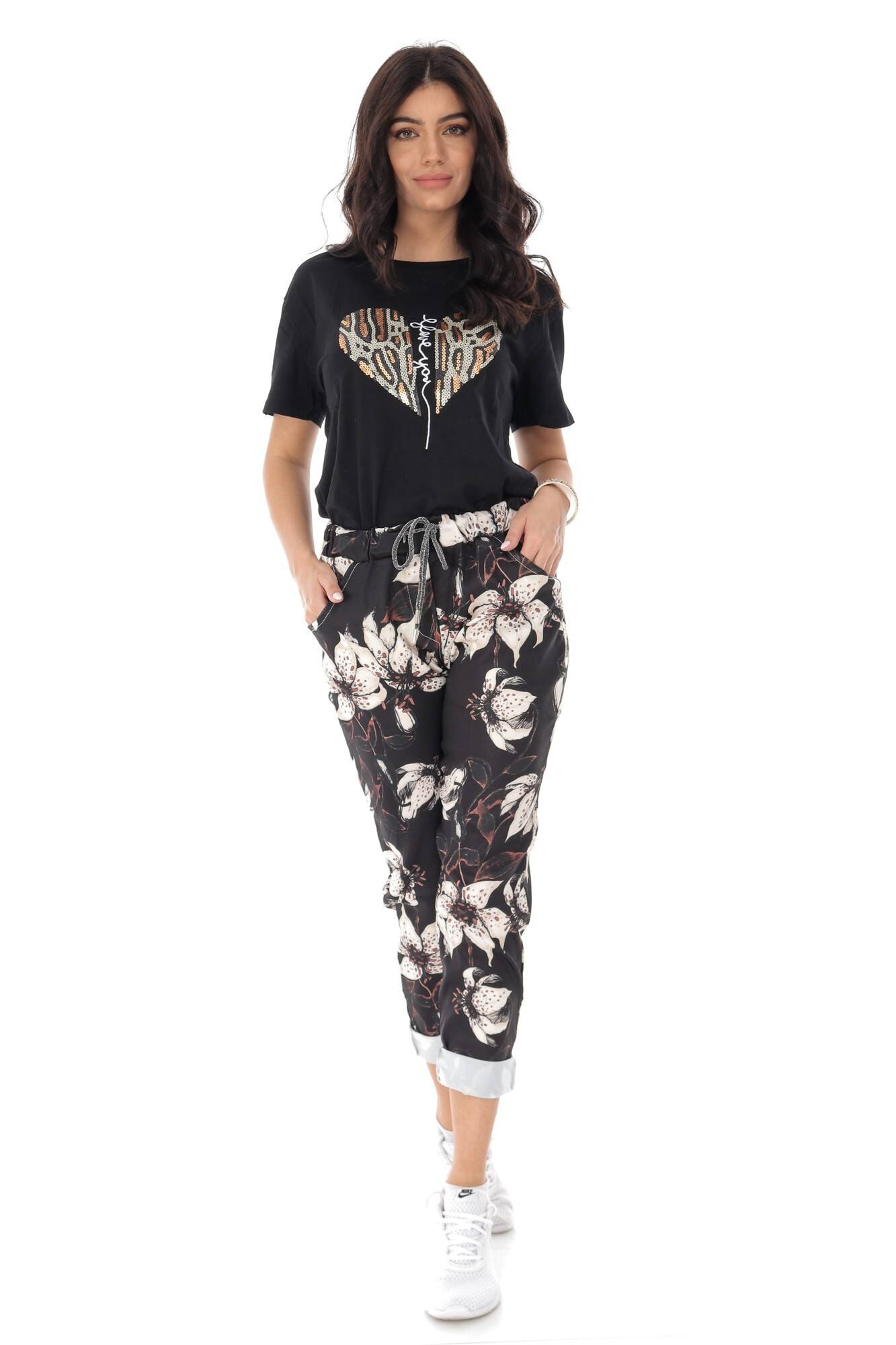 Pantaloni casual cu imprimeu - negru-crem - ROH - TR388, O.S