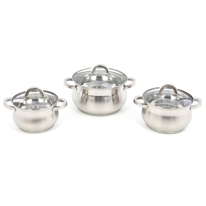 Set 3 oale din inox cu capac din sticla IS0652, 6 piese, Manere termorezistente, Argintiu