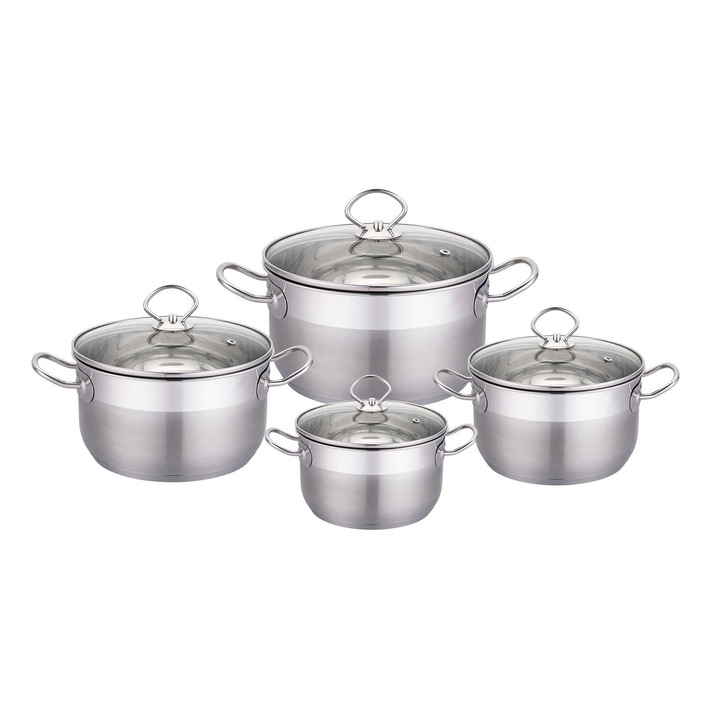 Set 4 oale din inox cu capac din sticla IS0651, 8 piese, Manere termorezistente, Argintiu