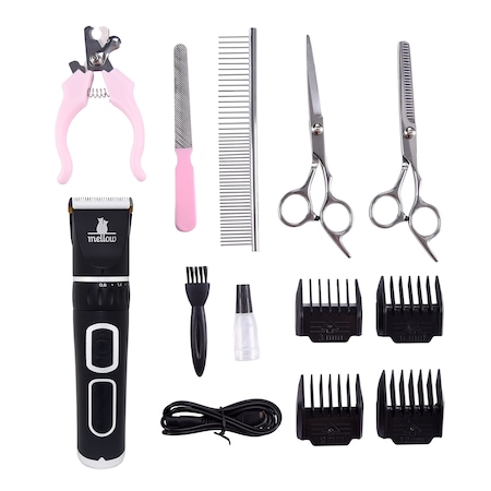 Masina de tuns animale fara fir, Mellow, 11 accesorii, 2000 mAh, autonomie 3-4 ore, lama ceramica, Neagra