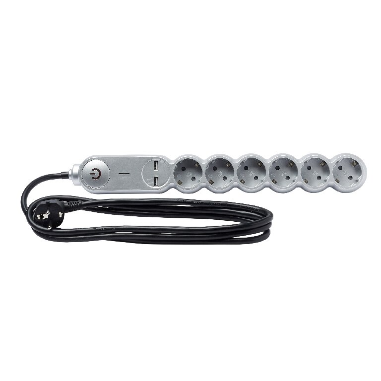 Prelungitor gri, Zola, cu comutator, 6 x priza si 2 x USB, cablu 2 m, 16A