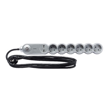 Prelungitor gri, Zola, cu comutator, 6 x priza si 2 x USB, cablu 2 m, 16A Prelungitor gri, Zola, cu comutator, 6 x priza si 2 x USB, cablu 2 m, 16A