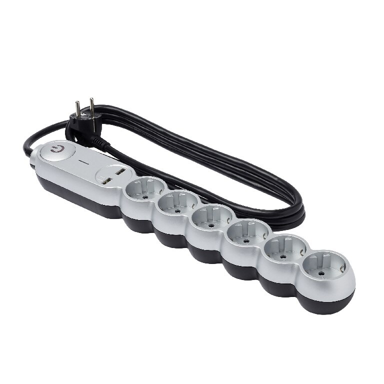 Prelungitor cu 6 prize, Zola®, 2 porturi USB, cablu 2 m, 3680W, gri/negru