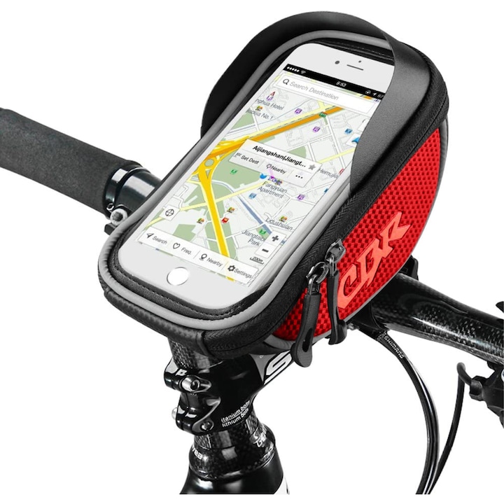 Vízálló kerékpártáska telefon tokkal, kormányra szerelhető, kompatibilis akár 16 cm-es telefonnal, mindkét oldalon fényvisszaverő szalag, 20x11x9 cm tárhely, Piros