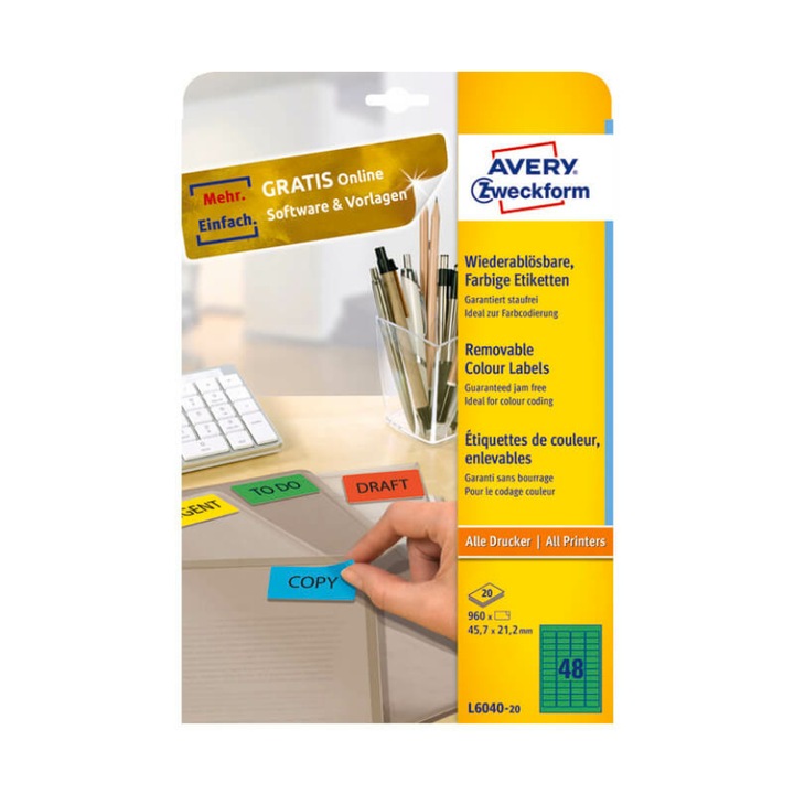 Etichete detasabile Avery 20xA4 45,7x21,2mm verde