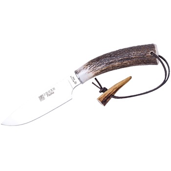 Cutit de vanatoare Flecha Joker, lucrat manual, lama de 12.5 cm din otel inoxidabil, maner din corn de cerb, toc din piele premium maro, atasabil la curea si echipamente Cutit de vanatoare Flecha Joker, lucrat manual, lama de 12.5 cm din otel inoxidabil, maner din corn de cerb, toc din piele premium maro, atasabil la curea si echipamente