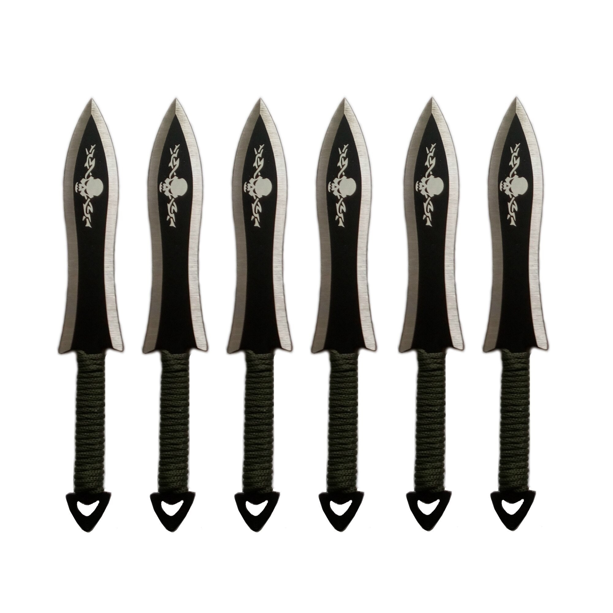 Set 6 cutite aruncat la tinta, SKULL, paracord kaki, husa cu prindere pe picior