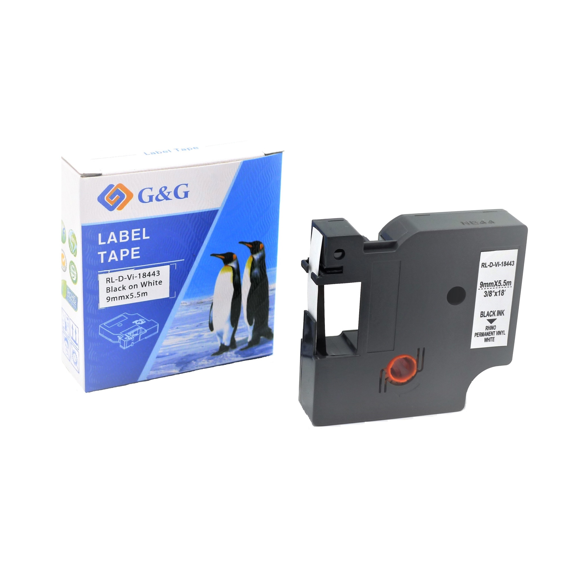 Banda Etichete G&G vinil compatibil cu Dymo 18443 (LM 160), 9mm x 5.5m, black on white