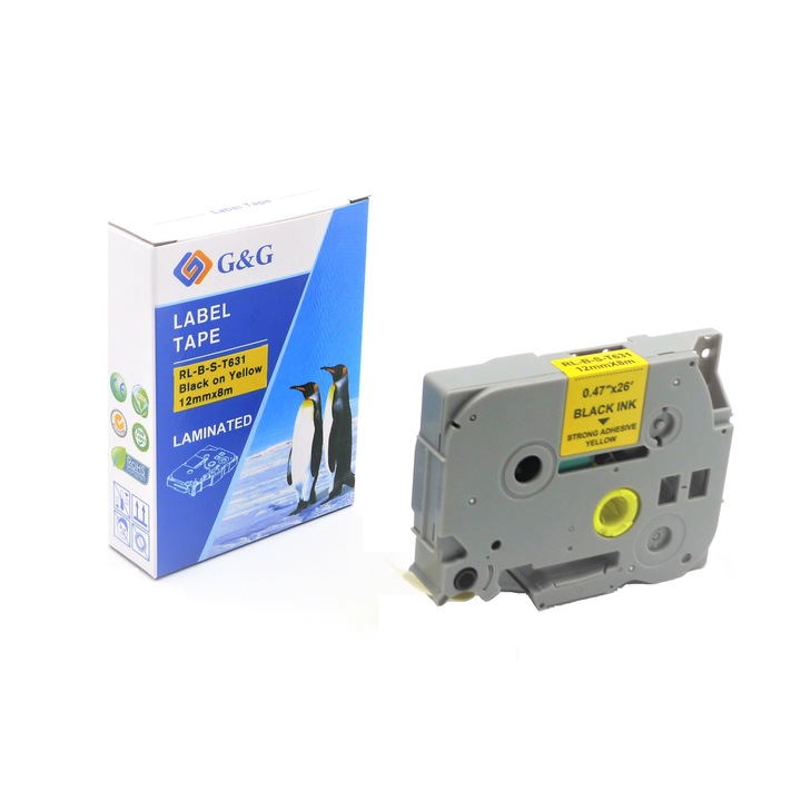 Banda Etichete G&G puternic adeziva compatibil cu Brother TZE-S631 (P-Touch E300VP), 12mm x 8m, black on yellow