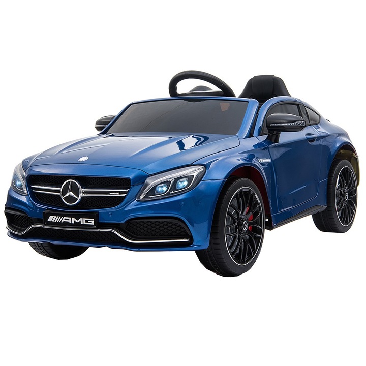 Masinuta Electrica cu acumulator pentru copii NOVOKIDS™ Mercedes C63S AMG Coupe, Cu telecomanda, Roti din Cauciuc EVA, 3-8 ani, Usi cu deschidere, Baterie12V, 2 Viteze, Lungime 116 cm, 2 motoare, Albastru