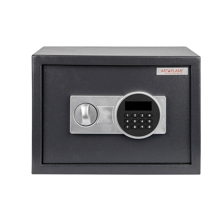 Seif metalic cu pin digital si cheie G 25 EQ, Art Flame, 350x250x250 mm, Gri inchis, Ecran LCD, Functie auto-blocare