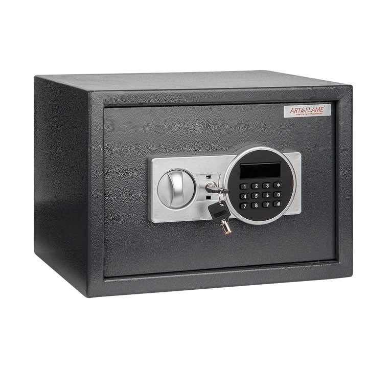 Seif metalic cu pin digital si cheie G 25 EQ, Art Flame, 350x250x250 mm, Gri inchis, Ecran LCD, Functie auto-blocare