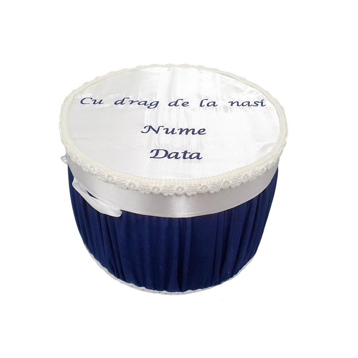 Cutie trusou personalizata, din catifea bleumarin