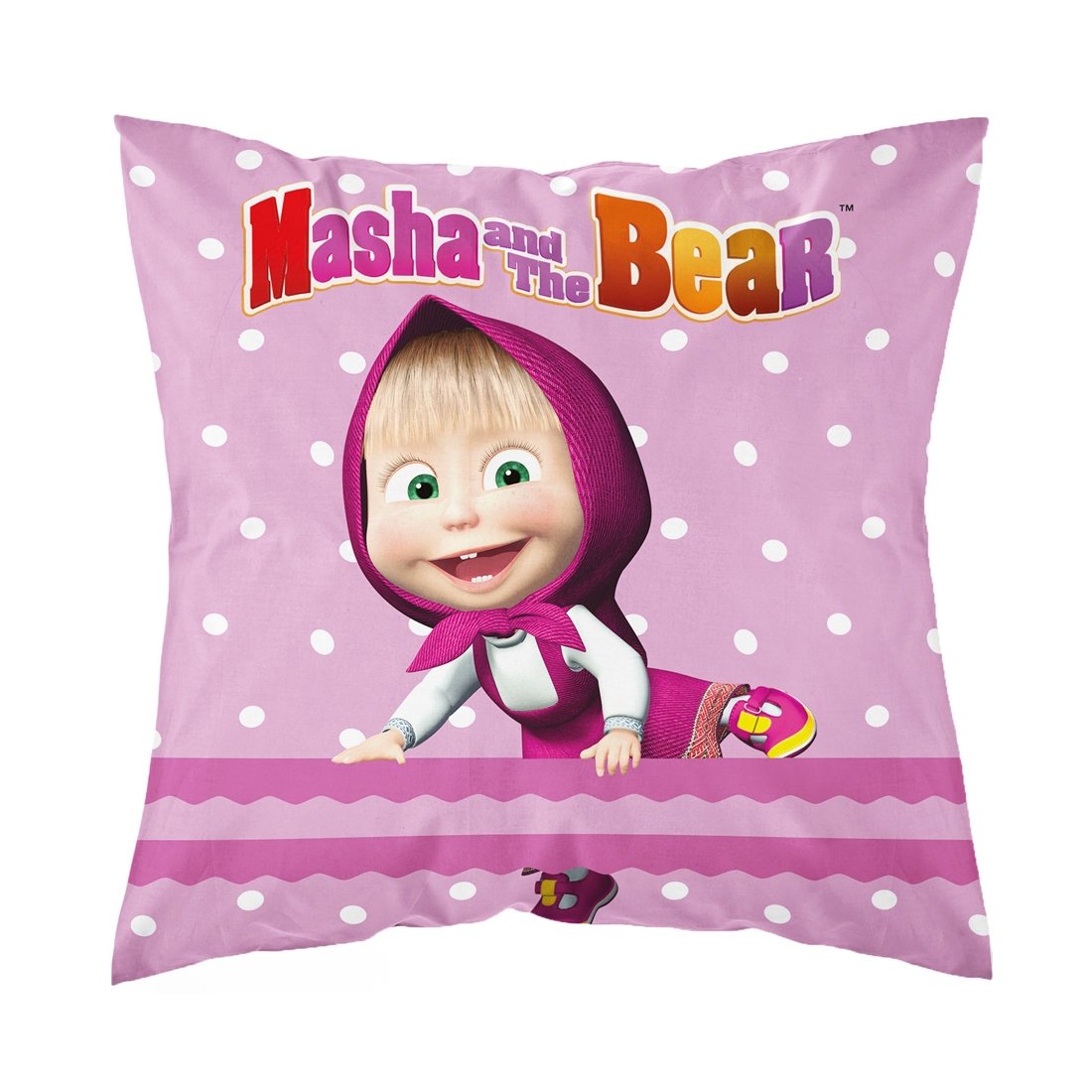 Fata perna, Masha si Ursul, roz cu buline albe, 40x40 cm