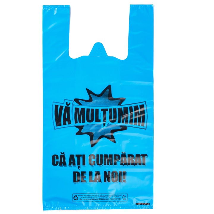 Sacose albastre, imprimate, tip maieu, din polietilena, set de 100 de bucati