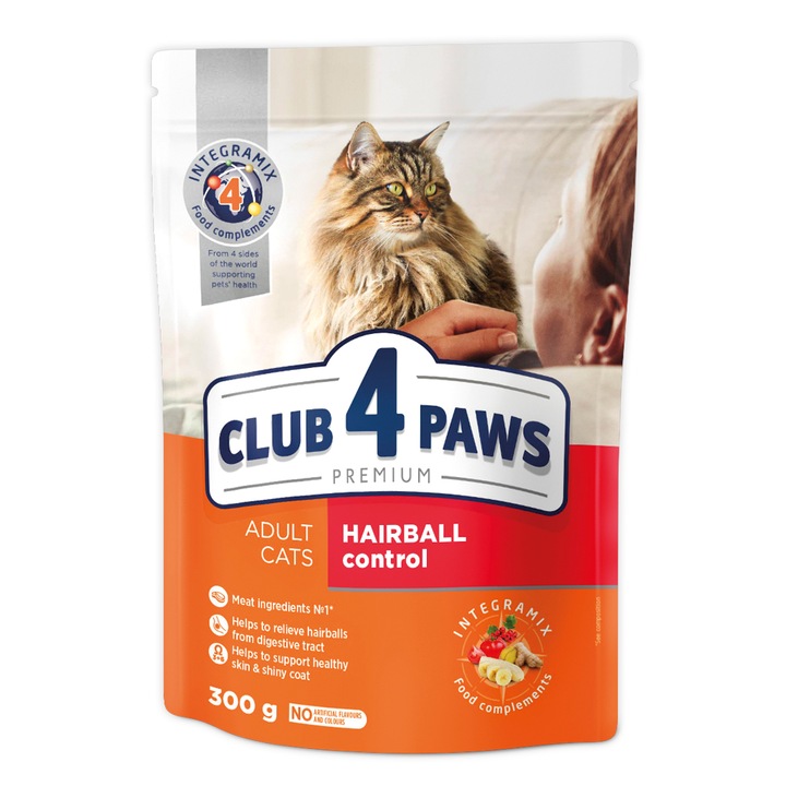 Hrana uscata premium pentru pisici Hairball Control, Club 4 Paws Premium, 300g