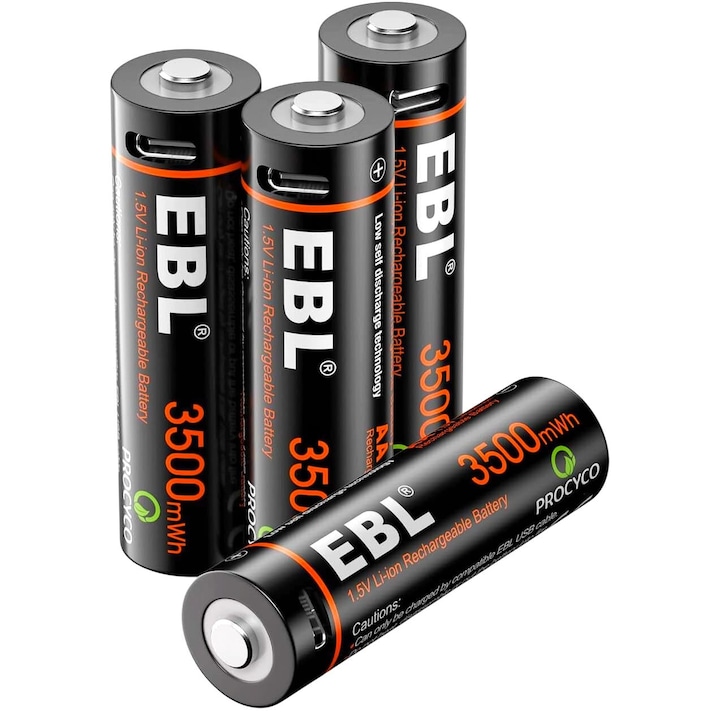 Set 4 acumulatori AA 1.5V, 3500 mWh, Li-Ion cu incarcare USB