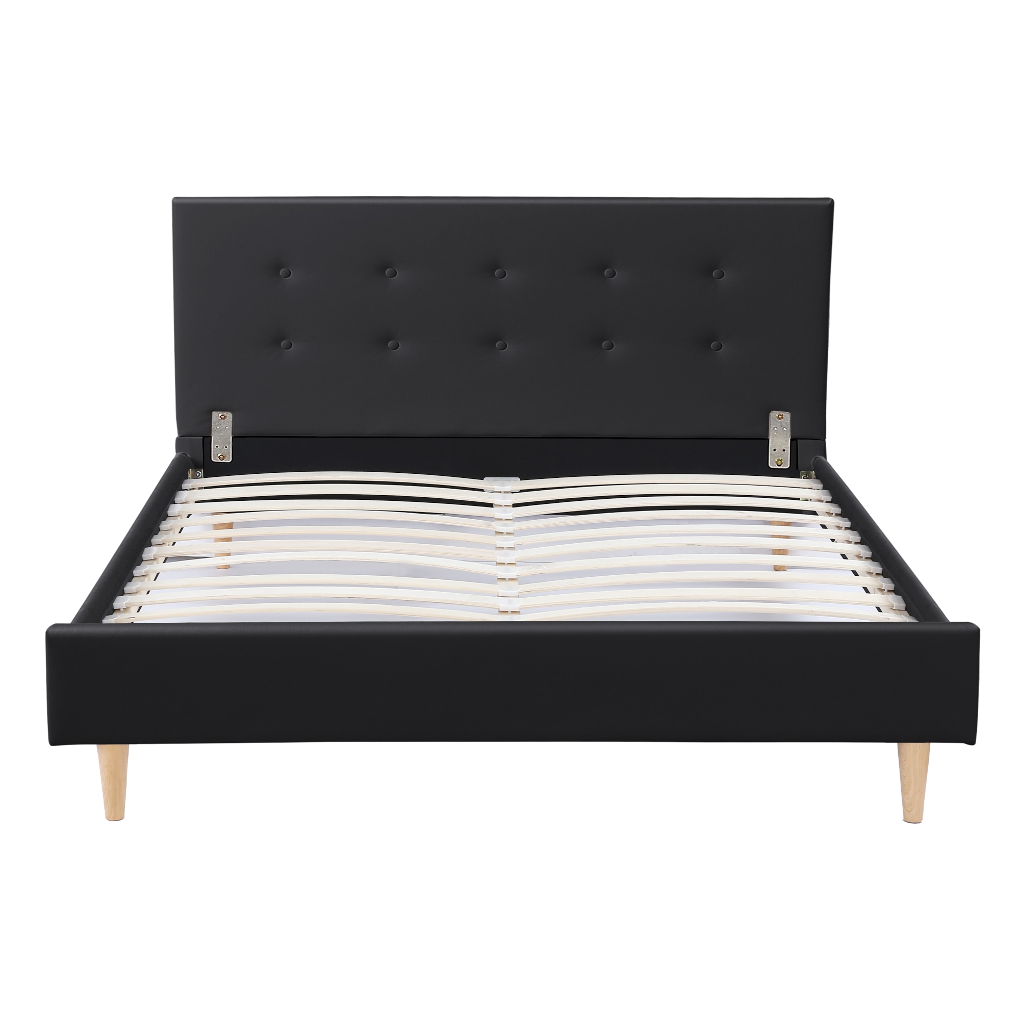 Rama pat moderna tapitata imitatie piele Estoril SK140, Corium, 214 x 146 x 96 cm, lemn, negru mat, dublu