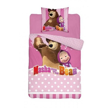 Lenjerie pat, Masha si Ursul, roz cu buline albe,140x200 cm Lenjerie pat, Masha si Ursul, roz cu buline albe,140x200 cm
